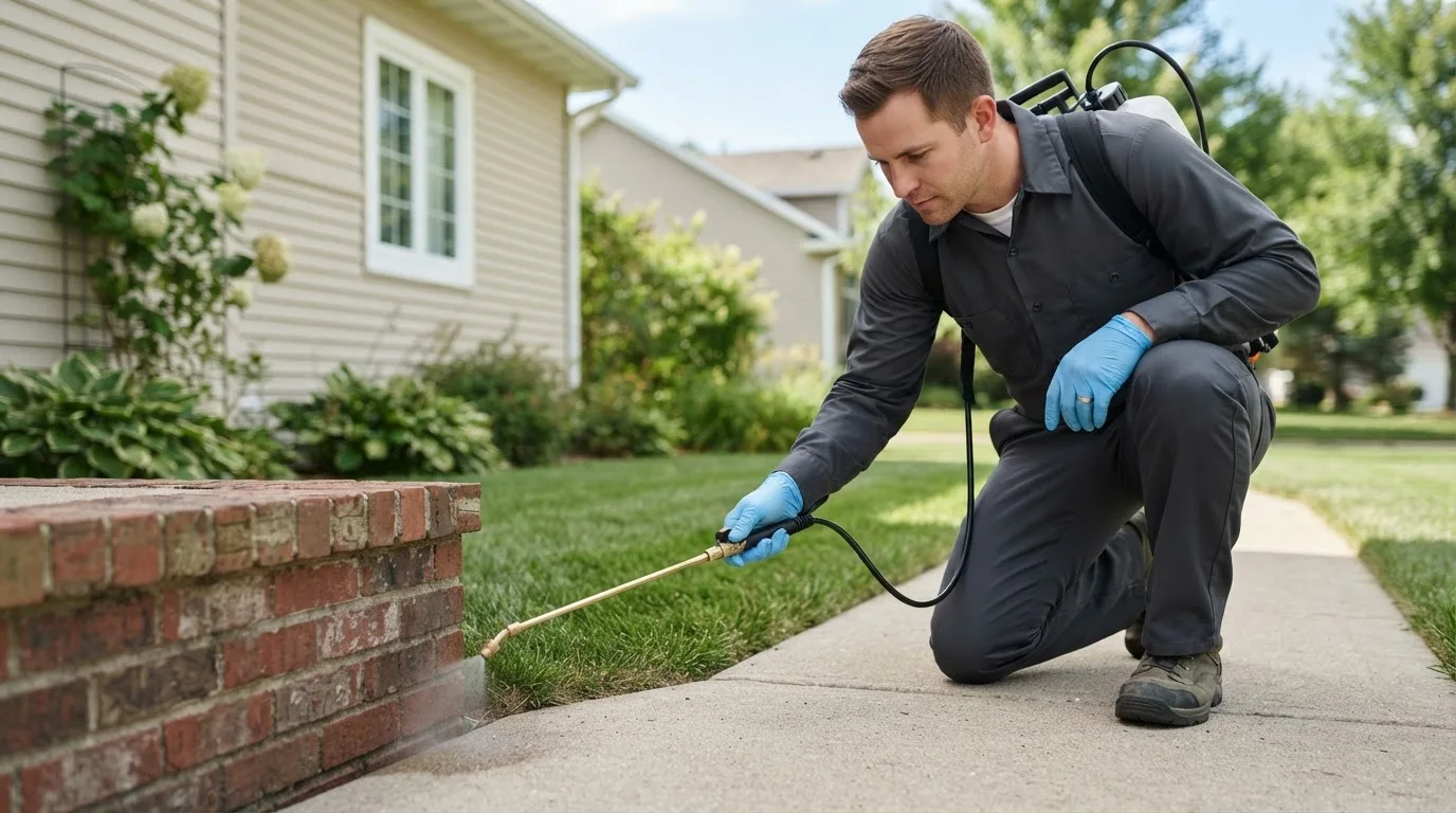 Pest control technician treating a home near Milan, PA